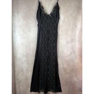 VTG 80s Pollinaise Black Lace Trim Full Length Nightgown Nylon Satin Large 14/16